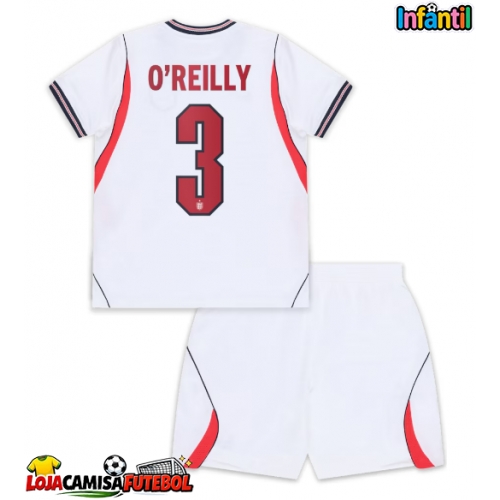 Camisa de Futebol Inglaterra Nico O'Reilly #3 Equipamento Principal Infantil Mundo 2026 Manga Curta (+ Calças curtas)